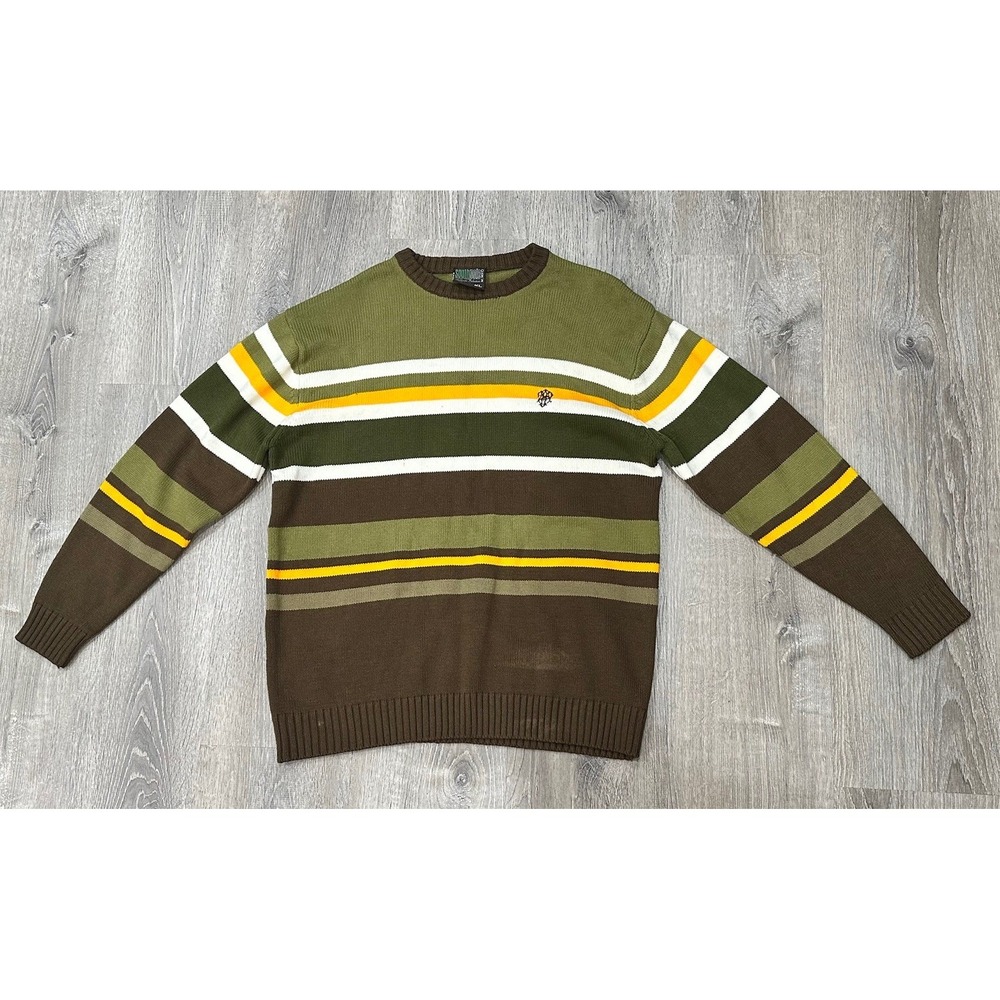 VTG Y2K SOUTHPOLE Sweater‎ Green Brown Striped 100% Acrylic Pullover Sweater